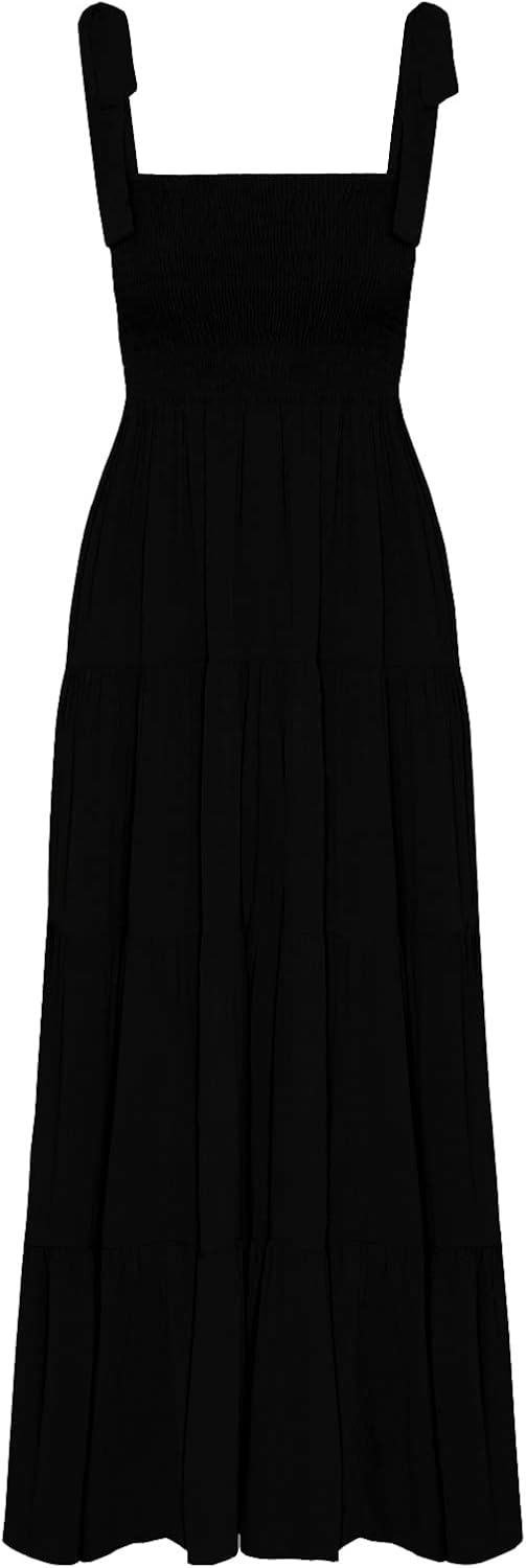 Women's Summer Boho Spaghetti Strap Square Neck Ruffle Casual Flowy Long Dress Beach Swing Party Maxi Dress - Black