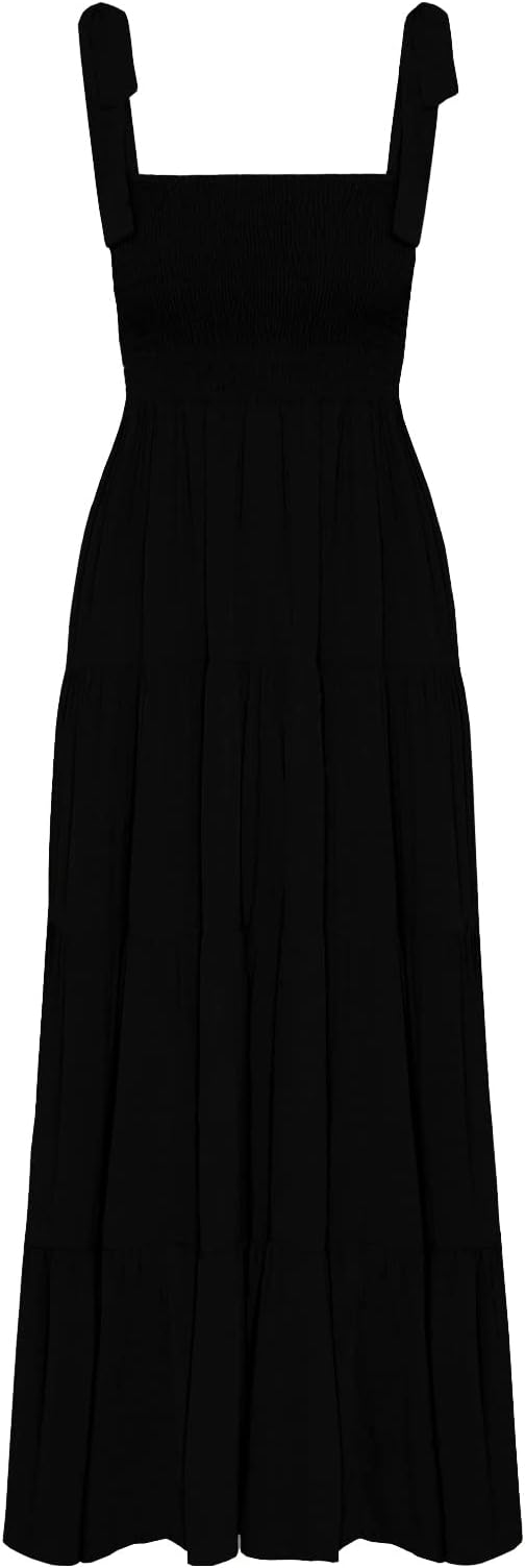 Women's Summer Boho Spaghetti Strap Square Neck Ruffle Casual Flowy Long Dress Beach Swing Party Maxi Dress - Black