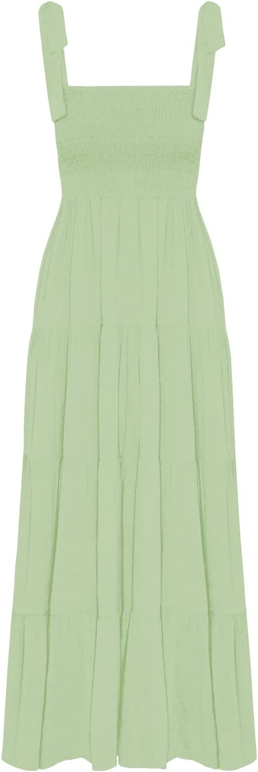 Women's Summer Boho Spaghetti Strap Square Neck Ruffle Casual Flowy Long Dress Beach Swing Party Maxi Dress - Green