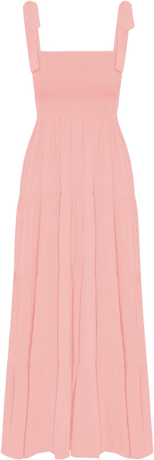 Women's Summer Boho Spaghetti Strap Square Neck Ruffle Casual Flowy Long Dress Beach Swing Party Maxi Dress - Light Pink