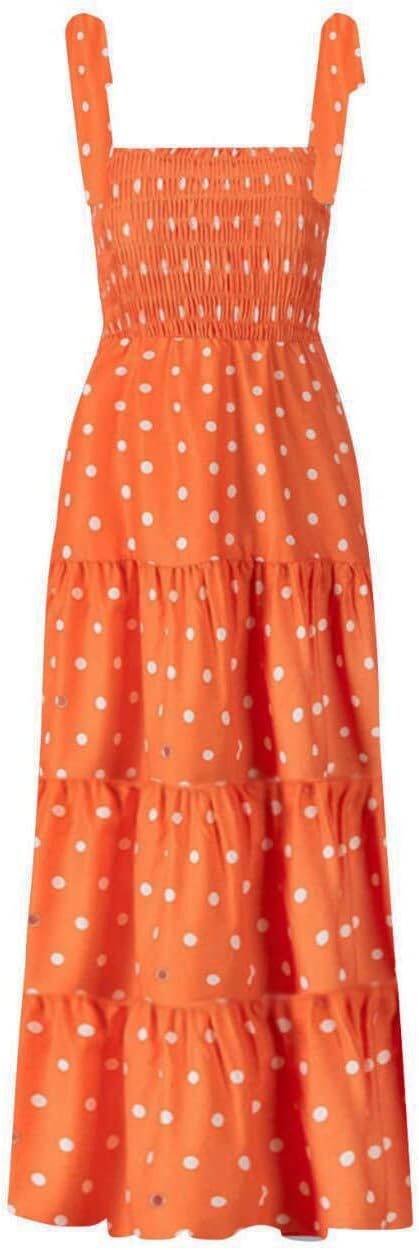Women's Summer Boho Spaghetti Strap Square Neck Ruffle Casual Flowy Long Dress Beach Swing Party Maxi Dress - Orange Dot