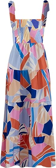 Women's Summer Boho Spaghetti Strap Square Neck Ruffle Casual Flowy Long Dress Beach Swing Party Maxi Dress - Z-blue Floral