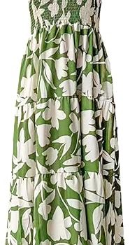 Women's Summer Boho Spaghetti Strap Square Neck Ruffle Casual Flowy Long Dress Beach Swing Party Maxi Dress - C-army Floral