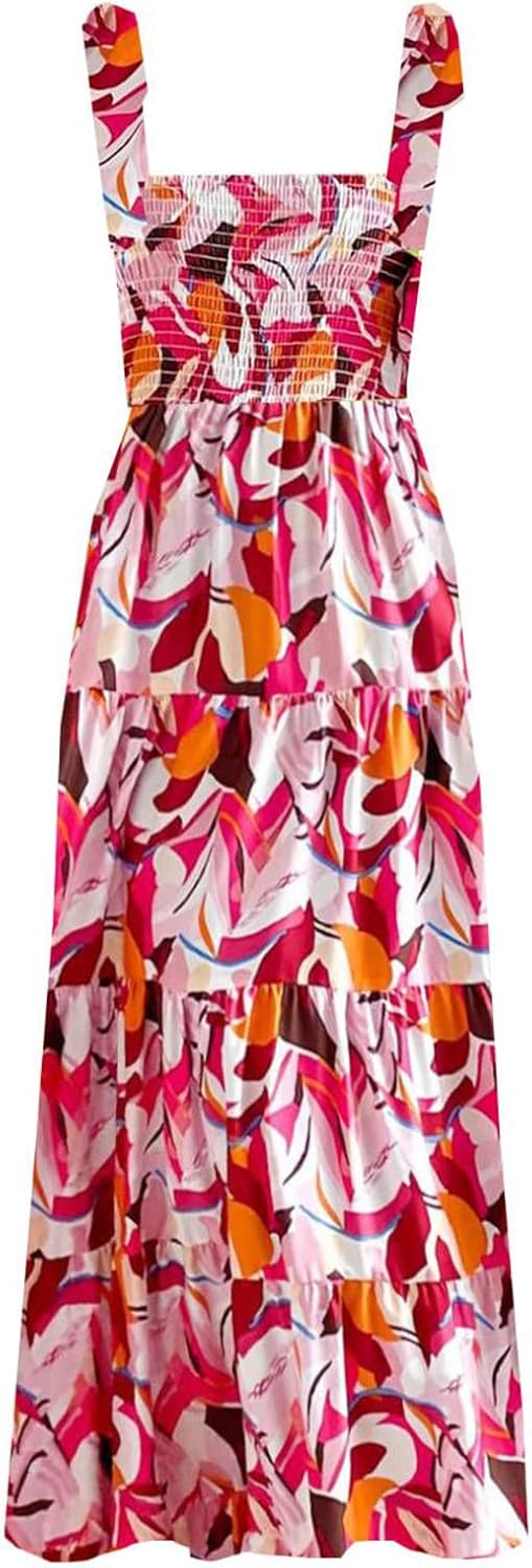 Women's Summer Boho Spaghetti Strap Square Neck Ruffle Casual Flowy Long Dress Beach Swing Party Maxi Dress - Hot Pink Floral
