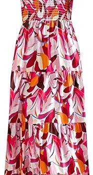 Women's Summer Boho Spaghetti Strap Square Neck Ruffle Casual Flowy Long Dress Beach Swing Party Maxi Dress - Hot Pink Floral