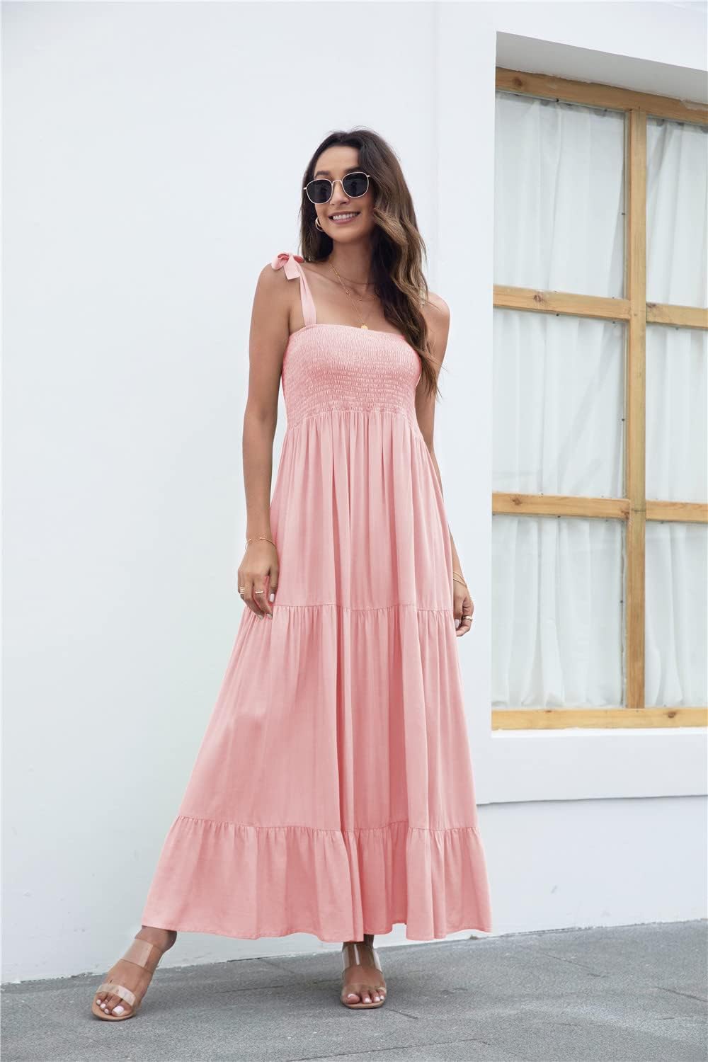Women's Summer Boho Spaghetti Strap Square Neck Ruffle Casual Flowy Long Dress Beach Swing Party Maxi Dress - Light Pink
