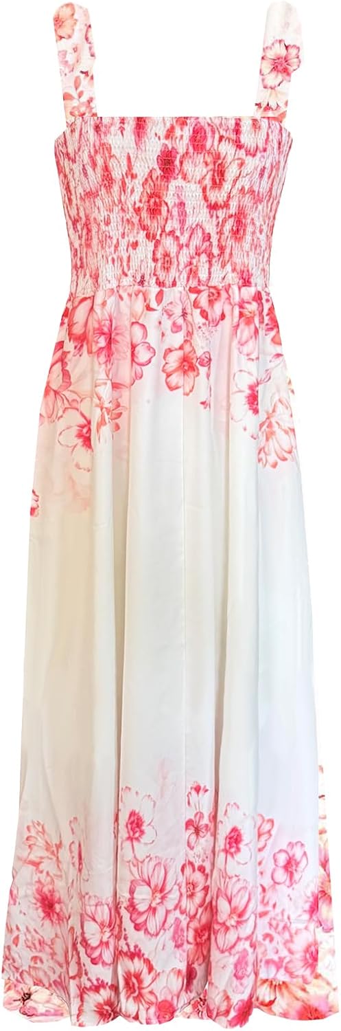 Women's Summer Boho Spaghetti Strap Square Neck Ruffle Casual Flowy Long Dress Beach Swing Party Maxi Dress - B-orange