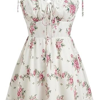 Floral Dress for Women Summer Mini Sundresses Spaghetti Strap Cute Vacation Dresses Boho Casual Outfits - White & Pink