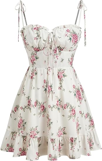 Floral Dress for Women Summer Mini Sundresses Spaghetti Strap Cute Vacation Dresses Boho Casual Outfits - White & Pink