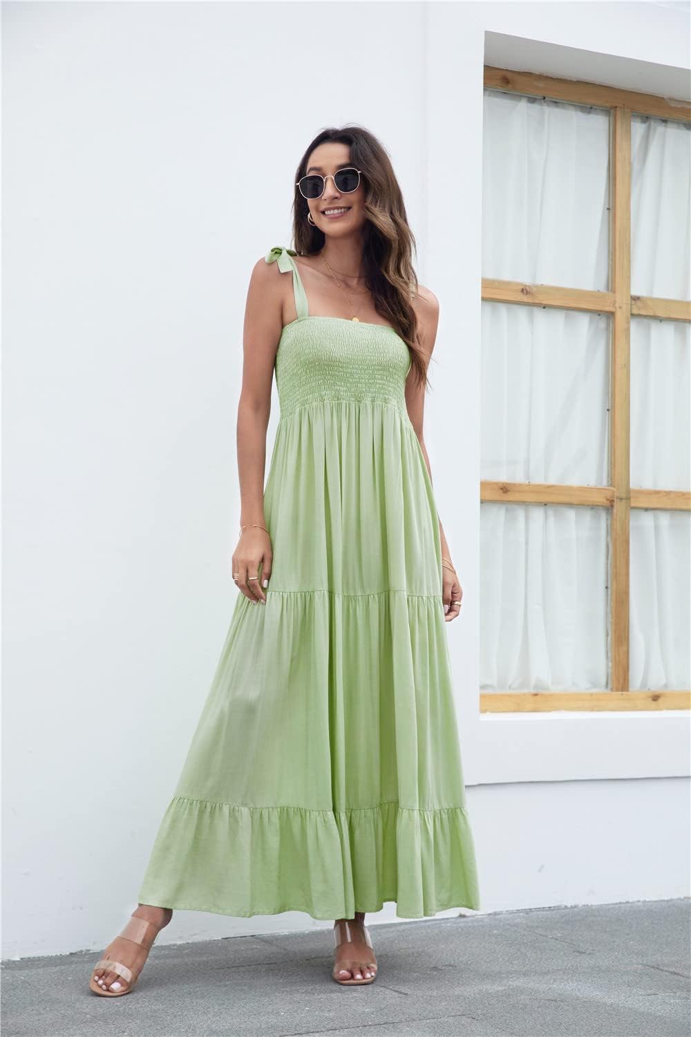 Women's Summer Boho Spaghetti Strap Square Neck Ruffle Casual Flowy Long Dress Beach Swing Party Maxi Dress - Green