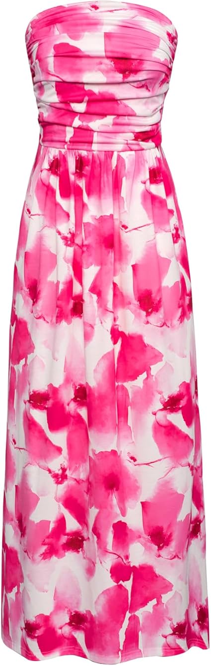 Women Strapless Dress Casual Loose Ruched Long Maxi Dress with Pockets - Pink Flower