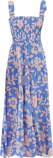 Women's Summer Boho Spaghetti Strap Square Neck Ruffle Casual Flowy Long Dress Beach Swing Party Maxi Dress - H-blue