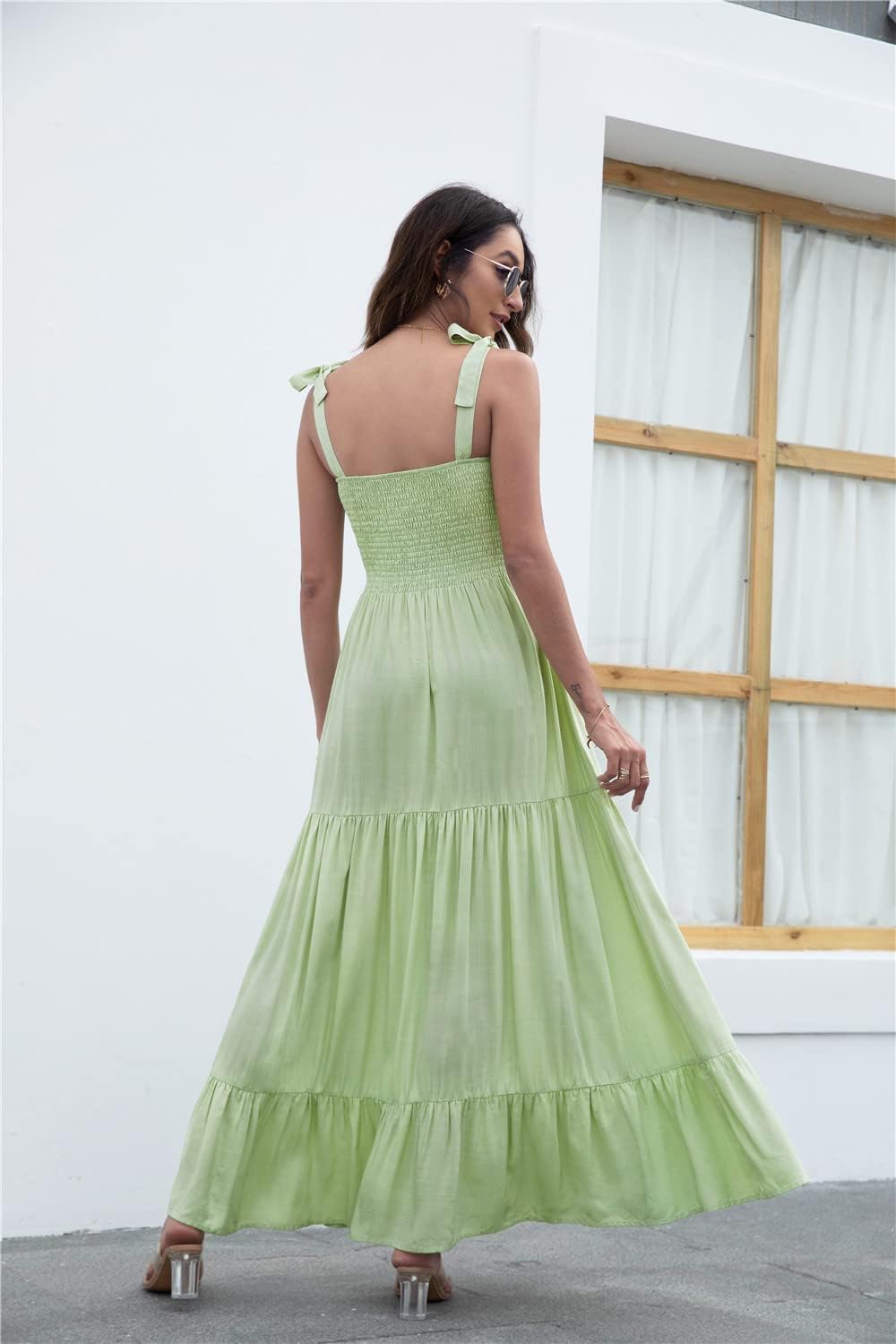 Women's Summer Boho Spaghetti Strap Square Neck Ruffle Casual Flowy Long Dress Beach Swing Party Maxi Dress - Green