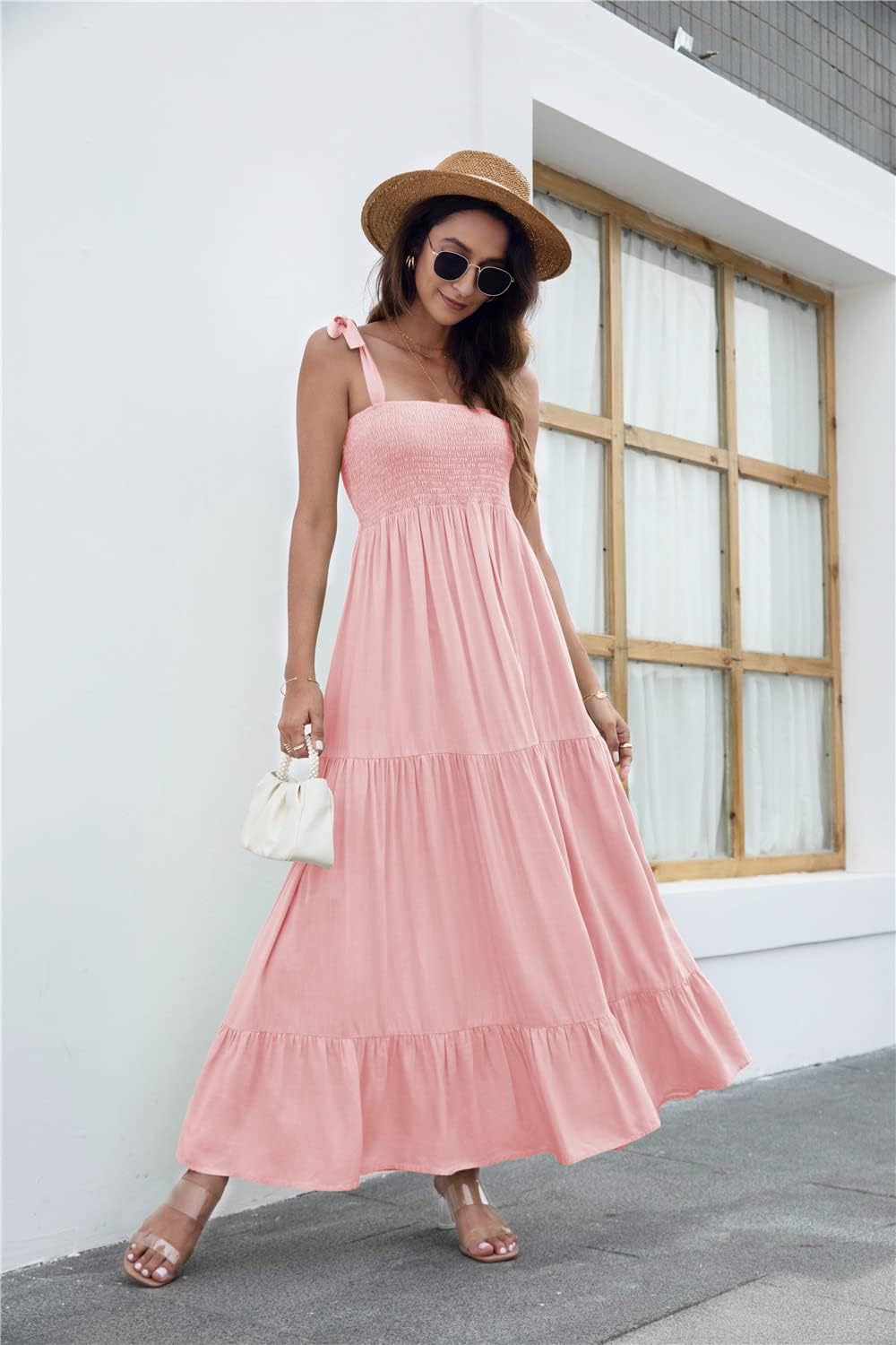 Women's Summer Boho Spaghetti Strap Square Neck Ruffle Casual Flowy Long Dress Beach Swing Party Maxi Dress - Light Pink