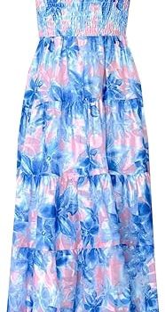 Women's Summer Boho Spaghetti Strap Square Neck Ruffle Casual Flowy Long Dress Beach Swing Party Maxi Dress - H-floral Bue