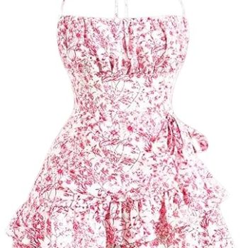 Summer Dresses for Women,Tie Halter Mini Dress,Floral Print Short Dress,Ruffle Trim Casual Dresses - Pink