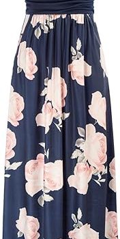 Women Strapless Dress Casual Loose Ruched Long Maxi Dress with Pockets - Navy Pink Flower