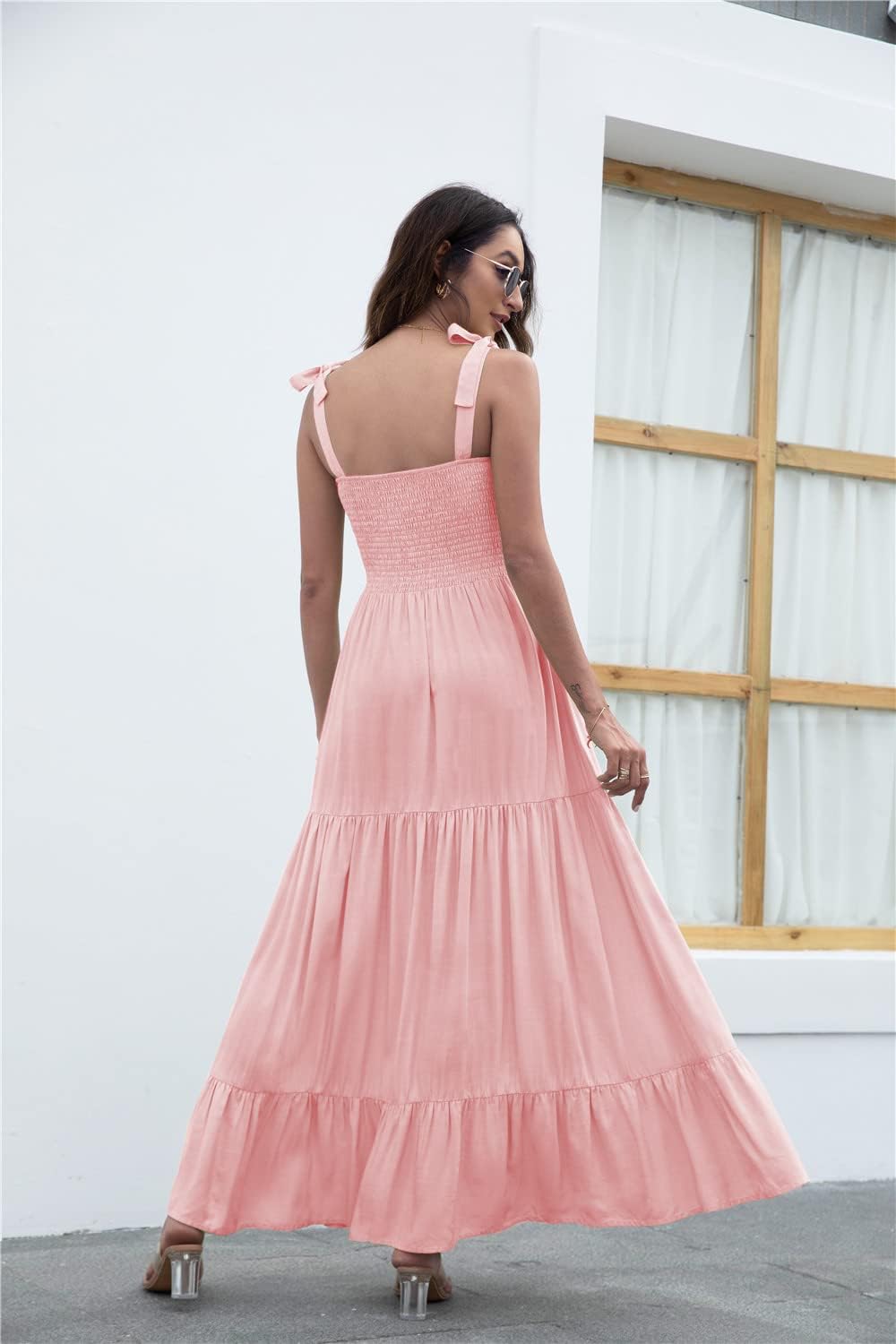 Women's Summer Boho Spaghetti Strap Square Neck Ruffle Casual Flowy Long Dress Beach Swing Party Maxi Dress - Light Pink