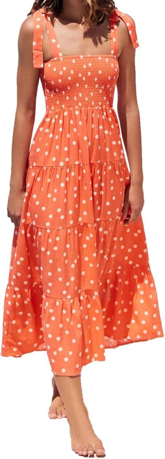 Women's Summer Boho Spaghetti Strap Square Neck Ruffle Casual Flowy Long Dress Beach Swing Party Maxi Dress - Orange Dot