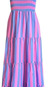 Women's Summer Boho Spaghetti Strap Square Neck Ruffle Casual Flowy Long Dress Beach Swing Party Maxi Dress - H-pink Striped