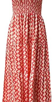 Women's Summer Boho Spaghetti Strap Square Neck Ruffle Casual Flowy Long Dress Beach Swing Party Maxi Dress - W-red