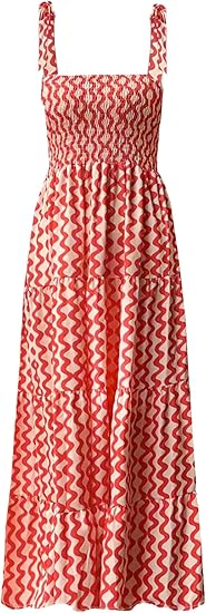 Women's Summer Boho Spaghetti Strap Square Neck Ruffle Casual Flowy Long Dress Beach Swing Party Maxi Dress - W-red