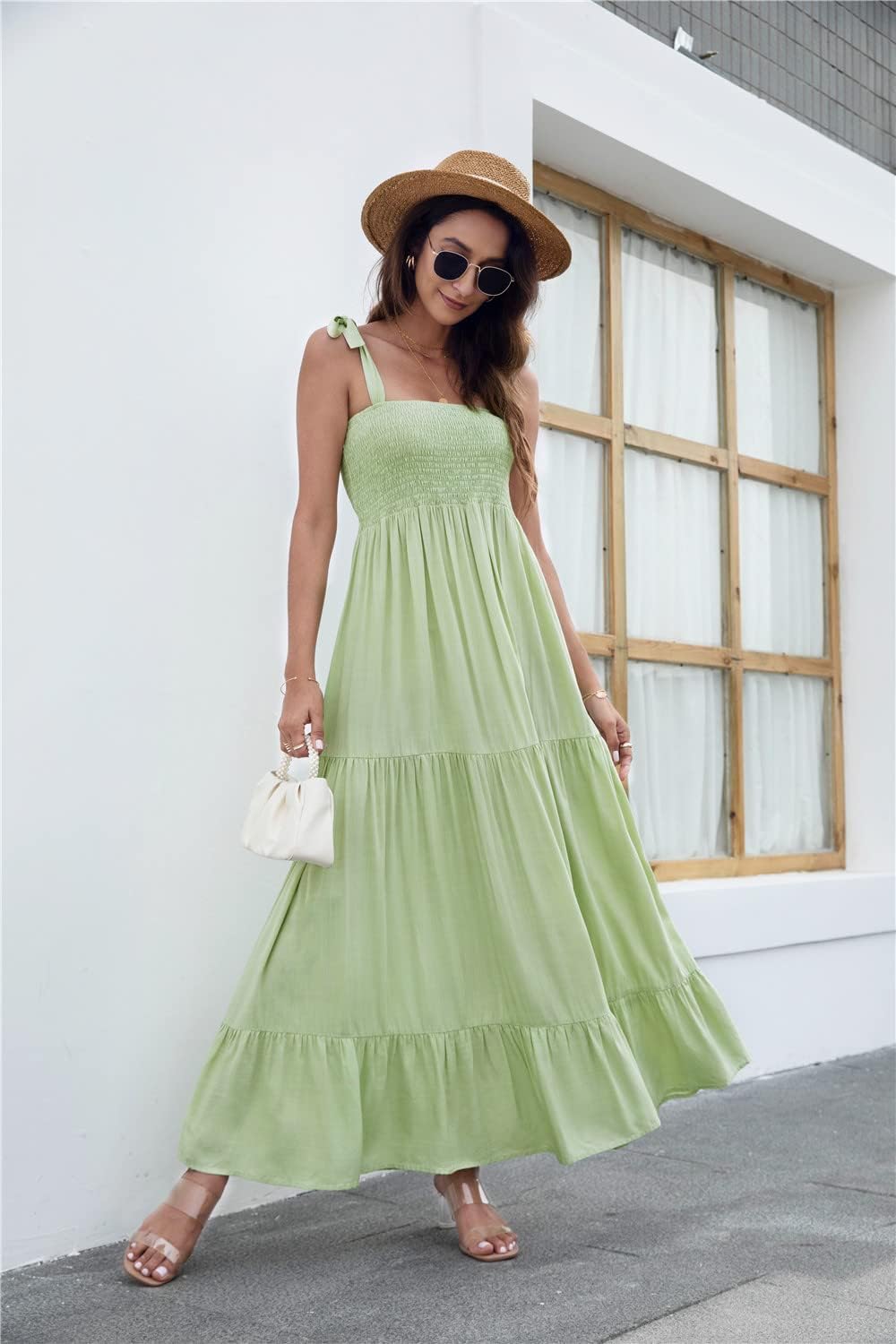 Women's Summer Boho Spaghetti Strap Square Neck Ruffle Casual Flowy Long Dress Beach Swing Party Maxi Dress - Green