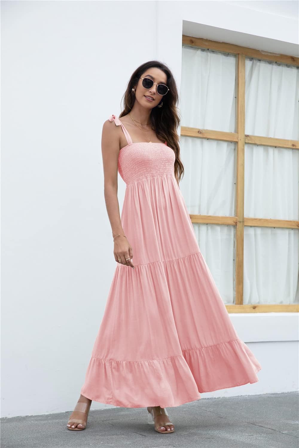 Women's Summer Boho Spaghetti Strap Square Neck Ruffle Casual Flowy Long Dress Beach Swing Party Maxi Dress - Light Pink