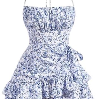 Summer Dresses for Women,Tie Halter Mini Dress,Floral Print Short Dress,Ruffle Trim Casual Dresses - Blue