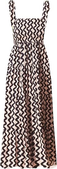 Women's Summer Boho Spaghetti Strap Square Neck Ruffle Casual Flowy Long Dress Beach Swing Party Maxi Dress - H-ivory