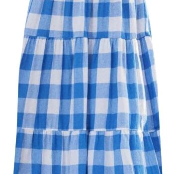 Women's Summer Boho Spaghetti Strap Square Neck Ruffle Casual Flowy Long Dress Beach Swing Party Maxi Dress - Blue Plaid