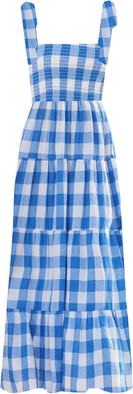 Women's Summer Boho Spaghetti Strap Square Neck Ruffle Casual Flowy Long Dress Beach Swing Party Maxi Dress - Blue Plaid
