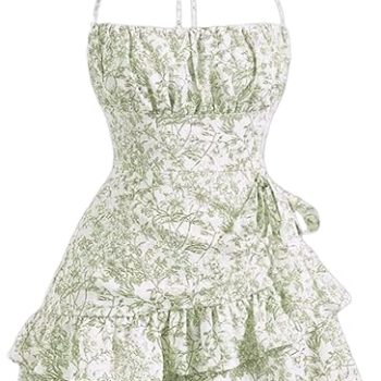 Summer Dresses for Women,Tie Halter Mini Dress,Floral Print Short Dress,Ruffle Trim Casual Dresses - Green