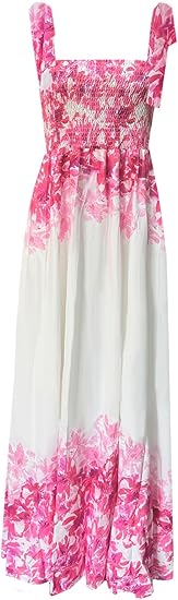 Women's Summer Boho Spaghetti Strap Square Neck Ruffle Casual Flowy Long Dress Beach Swing Party Maxi Dress - B-pink