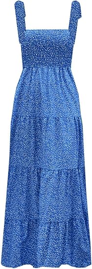 Women's Summer Boho Spaghetti Strap Square Neck Ruffle Casual Flowy Long Dress Beach Swing Party Maxi Dress - Dots Blue