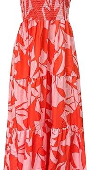 Women's Summer Boho Spaghetti Strap Square Neck Ruffle Casual Flowy Long Dress Beach Swing Party Maxi Dress - Orange Floral