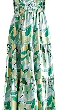 Women's Summer Boho Spaghetti Strap Square Neck Ruffle Casual Flowy Long Dress Beach Swing Party Maxi Dress - C-green Floral