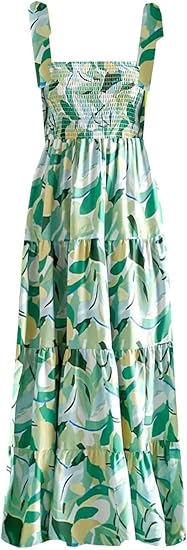 Women's Summer Boho Spaghetti Strap Square Neck Ruffle Casual Flowy Long Dress Beach Swing Party Maxi Dress - C-green Floral