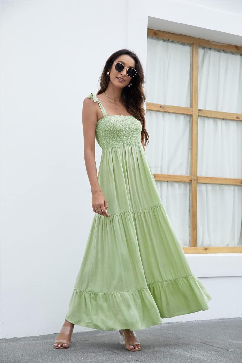 Women's Summer Boho Spaghetti Strap Square Neck Ruffle Casual Flowy Long Dress Beach Swing Party Maxi Dress - Green
