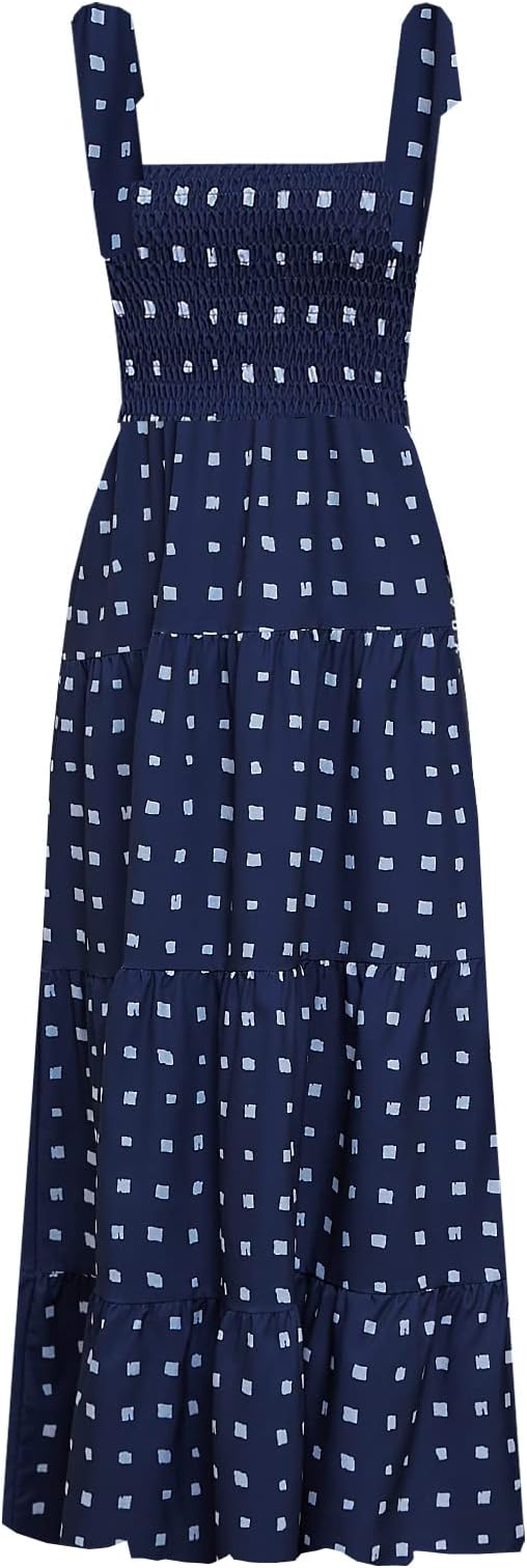 Women's Summer Boho Spaghetti Strap Square Neck Ruffle Casual Flowy Long Dress Beach Swing Party Maxi Dress - Dark Blue