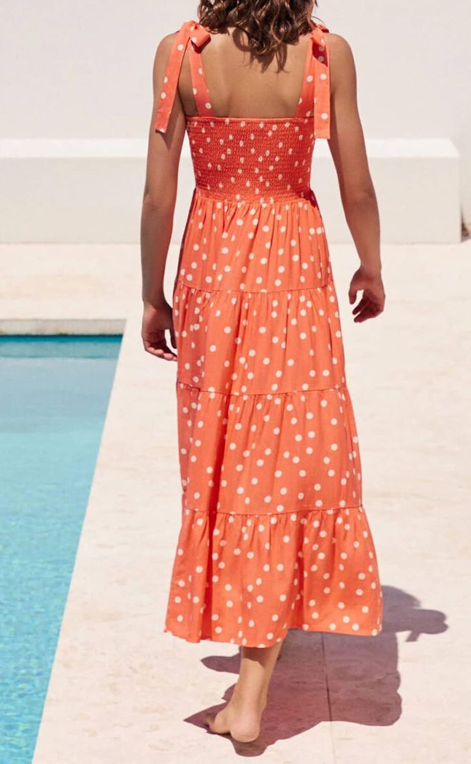 Women's Summer Boho Spaghetti Strap Square Neck Ruffle Casual Flowy Long Dress Beach Swing Party Maxi Dress - Orange Dot
