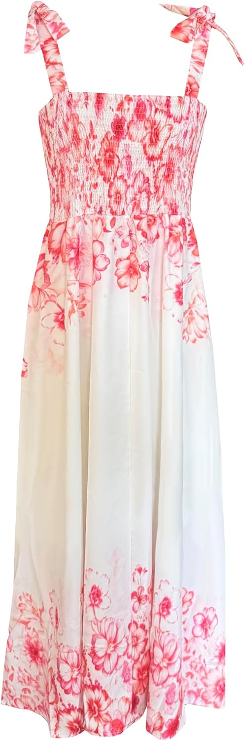 Women's Summer Boho Spaghetti Strap Square Neck Ruffle Casual Flowy Long Dress Beach Swing Party Maxi Dress - B-orange