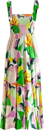 Women's Summer Boho Spaghetti Strap Square Neck Ruffle Casual Flowy Long Dress Beach Swing Party Maxi Dress - A Purple Floral