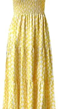 Women's Summer Boho Spaghetti Strap Square Neck Ruffle Casual Flowy Long Dress Beach Swing Party Maxi Dress - W-yellow