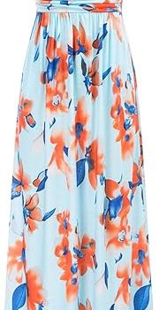 Women Strapless Dress Casual Loose Ruched Long Maxi Dress with Pockets - Floral-light Blue+orange
