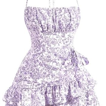 Summer Dresses for Women,Tie Halter Mini Dress,Floral Print Short Dress,Ruffle Trim Casual Dresses - Purple