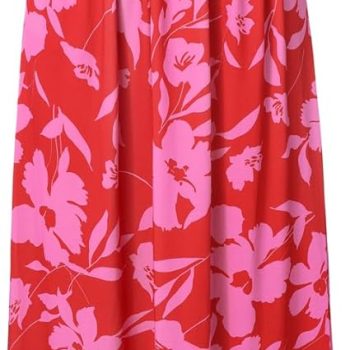 Women Strapless Dress Casual Loose Ruched Long Maxi Dress with Pockets - Rose Red