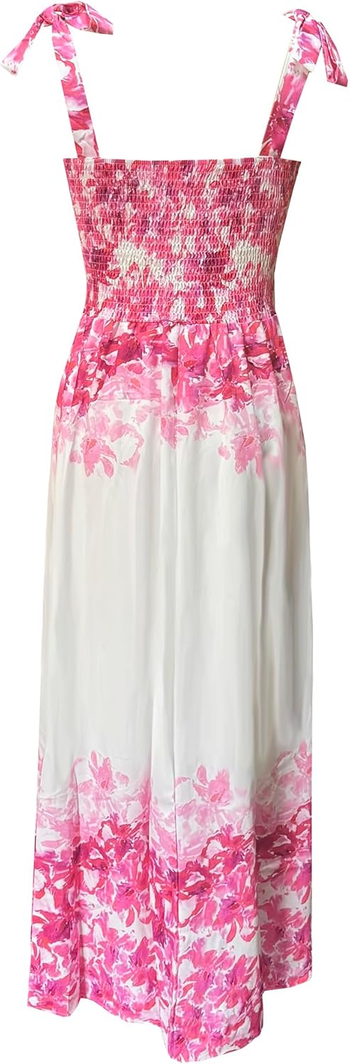Women's Summer Boho Spaghetti Strap Square Neck Ruffle Casual Flowy Long Dress Beach Swing Party Maxi Dress - B-pink