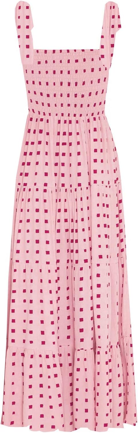 Women's Summer Boho Spaghetti Strap Square Neck Ruffle Casual Flowy Long Dress Beach Swing Party Maxi Dress - Pink