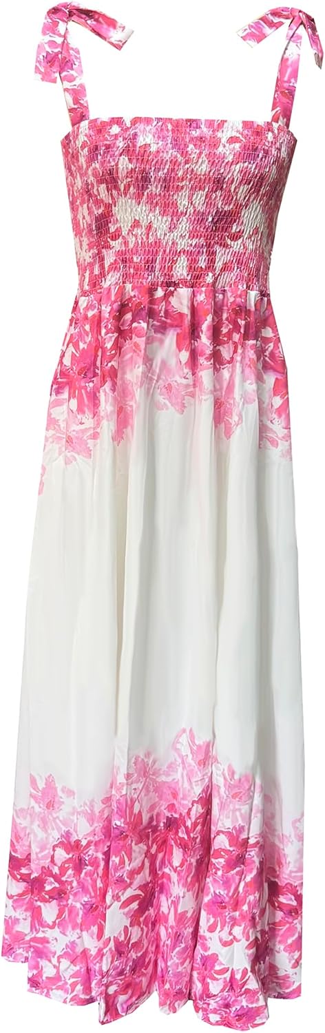 Women's Summer Boho Spaghetti Strap Square Neck Ruffle Casual Flowy Long Dress Beach Swing Party Maxi Dress - B-pink